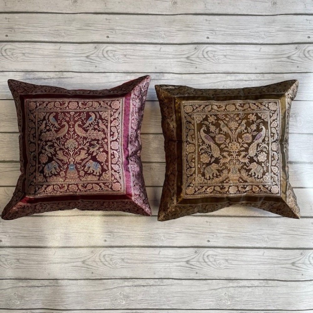 Silk Embroidered Throw Pillow Set of 2 Ethnic Elephant Peacock Bohemian Decor